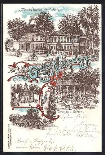 Lithographie Niendorf / Eimsbüttel, Münsters Gasthof, Inh. P. Koch, Veranda u. Garten
