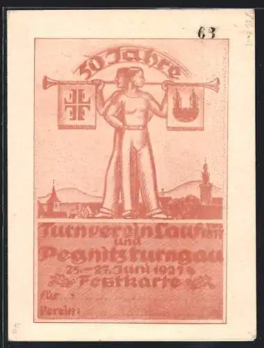 Künstler-AK Lauf / Pegnitz, 30 Jahre Turnverein Lauf und Pegnitzturngau 1927, Turner mit Wappen, Festpostkarte