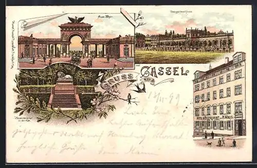 Lithographie Cassel, Hotel & Restaurant von H. Maus, Hessendenkmal, Orangerieschloss