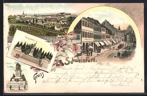 Lithographie Schweinfurt, Strassenpartie mit Geschäften, Ortsansicht, Kriegerdenkmal