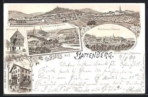 Lithographie Battenberg / Hessen, Panorama der Ortschaft, Hotel Rohde, Rathaus