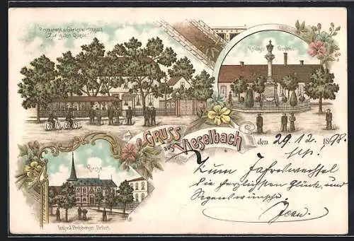 Lithographie Vieselbach, Restaurant zur guten Quelle, Kriegerdenkmal, Kirche
