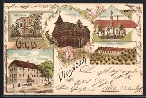 Lithographie Vieselbach, Gasthaus zum Burghof, Sparkasse