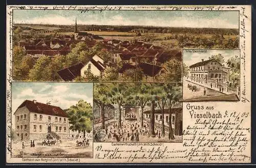 Lithographie Vieselbach, Gasthaus zum Burghof, Villa Deinhardt