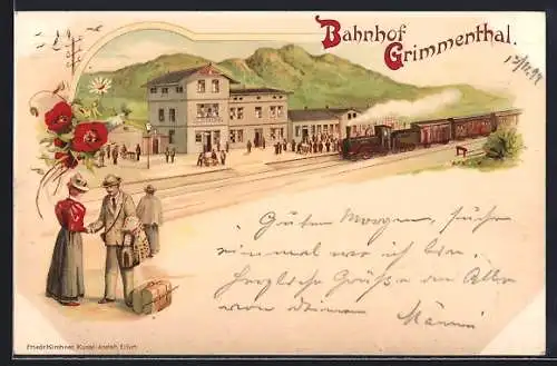 Lithographie Grimmenthal, Bahnhof mit Eisenbahn und Fahrgästen