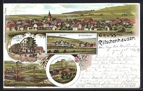 Lithographie Ritschenhausen, Gasthaus zum grünen Baum, Bahnhof und Dampfziegelei