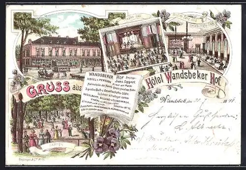 Lithographie Hamburg-Wandsbek, Hotel Wandsbeker Hof mit Garten und Theatersaal