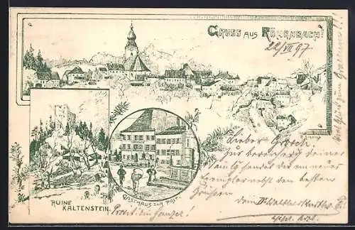 Künstler-AK Röhrnbach, Gasthaus zur Post, Ruine Kaltenstein und Totalansicht