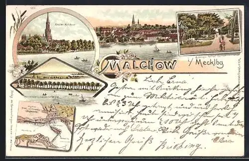 Lithographie Malchow i. Mecklbg., Bühring`s Hotel-Garten, Kloster und Laschendorfer See