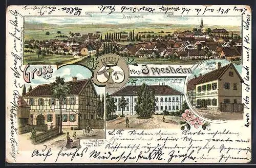 Lithographie Ippesheim / Mfr., Geschäft von Georg Bauer, Schulhaus, Geschäft von Julie Vogel
