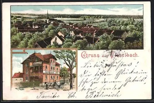 Lithographie Vieselbach, Restaurant Weimarscher Hof und Totalansicht