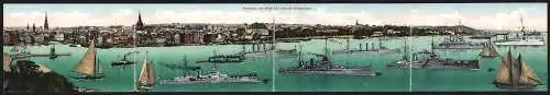 Klapp-AK Kiel, Kriegshafen mit Kriegsschiffen, Ortsansicht
