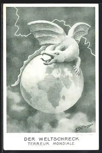 Künstler-AK sign. E. Sollberger: Weltschreck, Drache sitzt auf der Erdkugel, Friedensbewegung