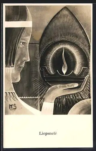 Künstler-AK sign. K. Simonis: Mann mit Kerze, Bauhaus