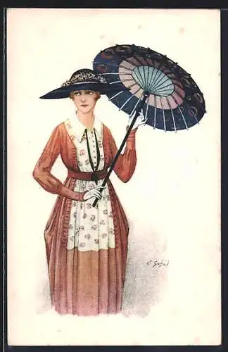 Künstler-AK sign. C. Giris: Dame mit Hut und Schirm