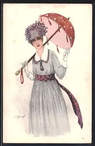AK Frau mit Schirm, lila Kleid und Hut