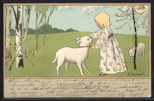 Künstler-AK Gertrud Caspari: Mädchen mit Lamm, Fröhliche Ostern