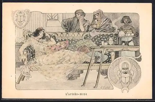 Künstler-AK sign. Lelee: Elegante Dame beim Kaffee, Skarabäus