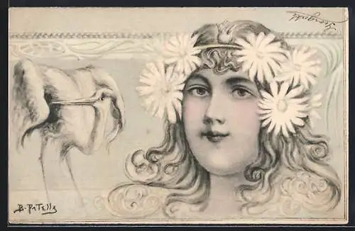 Künstler-AK B. Patella: Dame mit Blumen im Haar, Reiher, Jugendstil