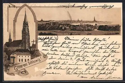 Vorläufer-Lithographie Schleswig, 1894, Kirche und Ortsansicht
