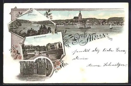 Vorläufer-Lithographie Mölln / Lbg., 1895, Hanseatendenkmal, Schützenhof, Schmalsee, Gesamtansicht