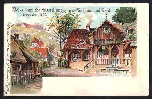 Künstler-AK Dresden, Volksthümliche Ausstellung für Haus und Herd 1899, Gasthof zum Erbgericht, Ganzsache