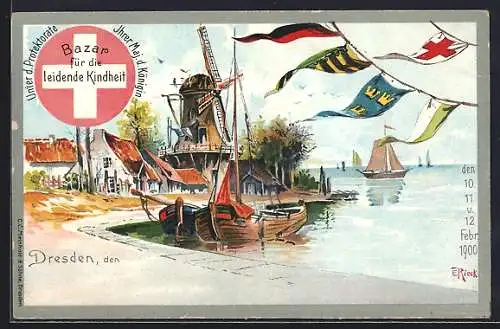 Lithographie Dresden, Bazar für die leidende Kindheit 1900, Windmühle, Rotes Kreuz und Fahnen, Ganzsache
