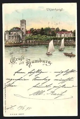 Lithographie Hamburg, Uhlenhorst mit Segelbooten, Halt gegen das Licht