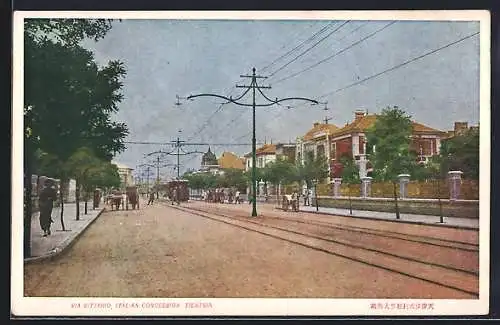 AK Tientsin, Via Vittario, Italian Concession, Strassenbahn