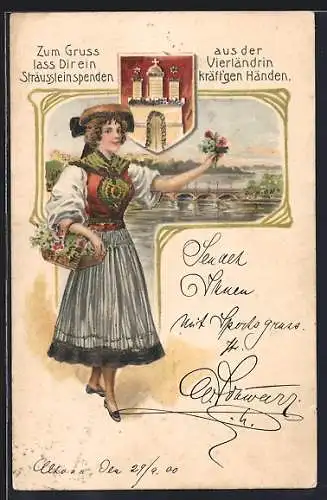 AK Vierländerin in Tracht mit Blumenkorb, Im Hintergrund Brücke, Wappen