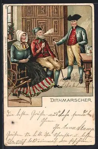 Lithographie Männer und Frau in Dithmarscher Tracht in der Stube mit Spinnrad