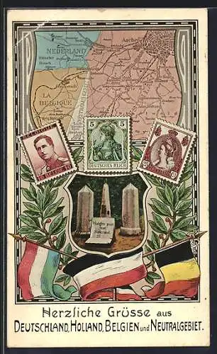 AK Karte mit Grenzverlauf zwischen Deutschland, Holland und Belgien, Briefmarken und Gedenksteinen