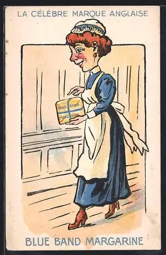 AK Frau mit einem Paket Margarine, Reklame für Blue Band Margarine
