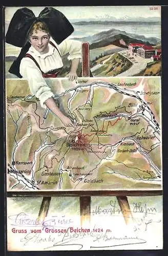 AK Grossen Beichen, Landkarte mit Frau in Tracht, Alpenpanorama