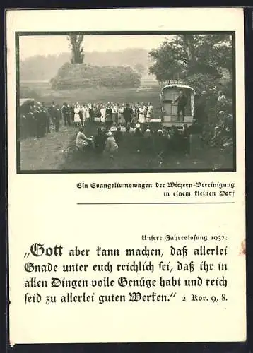 AK Evangeliumswagen der Wichern-Vereinigung in einem kleinen Dorf, Religion