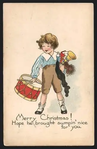 AK Junge mit Trommel und Tröte, Weihnachtsgruss