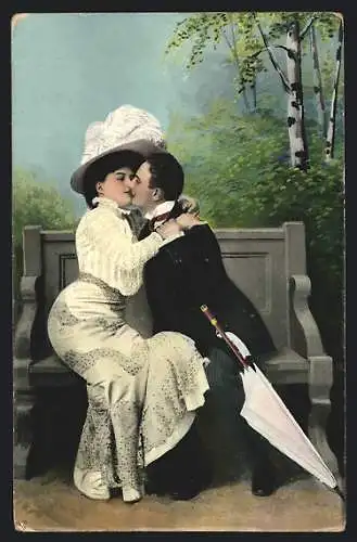 AK Liebespaar mit Schirm an einer Bank