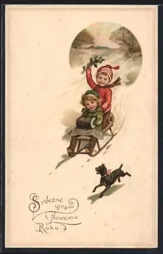 AK Kinderpaar auf einem Schlitten mit Hund, Neujahrsgruss