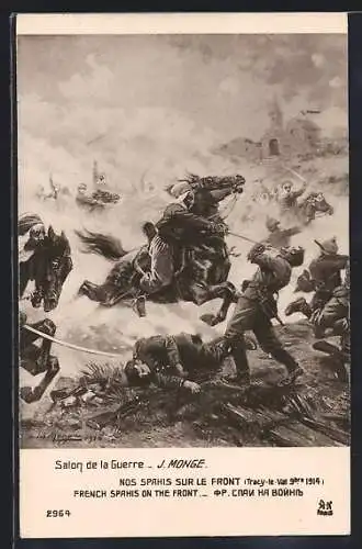 Künstler-AK Tracy-le-Val, Salon de la Guerre, Nos Spahis sur le Front, Soldaten der Kavallerie in der Schlacht