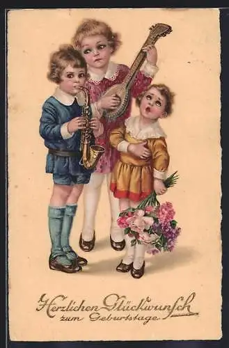 AK Drei Kinder mit Gitarre und Saxophon, Geburtstagsgruss