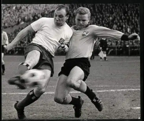 Fotografie Fussball, Hamburger SV gegen VfB Stuttgart im Zweikampf Uwe Seeler (Hamburger SV) gegen Klaus Dieter Sieloff