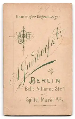 Fotografie A. Jandorf & Co., Berlin, Belle-Alliance-Strasse 1, Damenporträt mit Hut und Spitzenbesatz