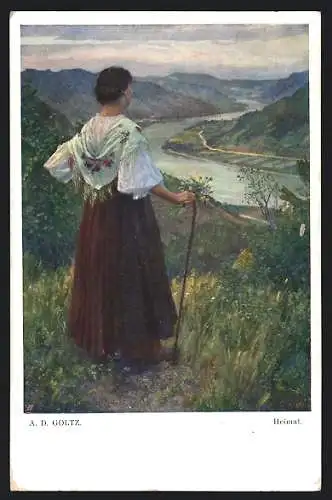 Künstler-AK sign. A. D. Goltz: Heimat, Frau blickt aus Flusslauf