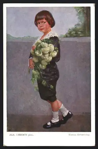 Künstler-AK sign. Alb. Janesch: Mamas Geburtstag, Junge mit Blumen