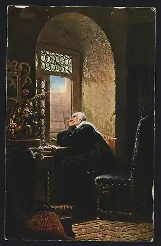 Künstler-AK sign. Adolf Kuntz: Nonne sitzt am Fenster