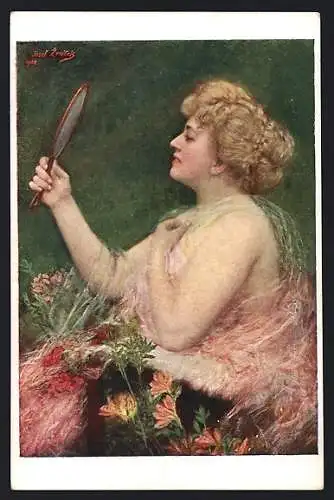 Künstler-AK sign. J. Zenísek: Frau schaut in einen Handspiegel