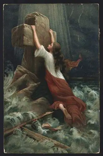 AK Frau hängt sich an ein Kreuz im Wasser, Gottvertrauen