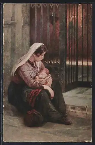 Künstler-AK sign. Ernst Hausmann: Frau mit Kind sitzt auf der Strasse
