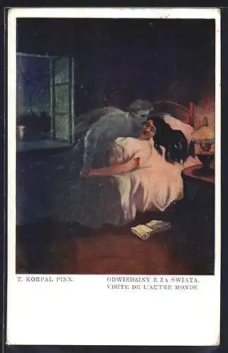 Künstler-AK sign. T. Korpal: Frau erscheint nachts ein Geist