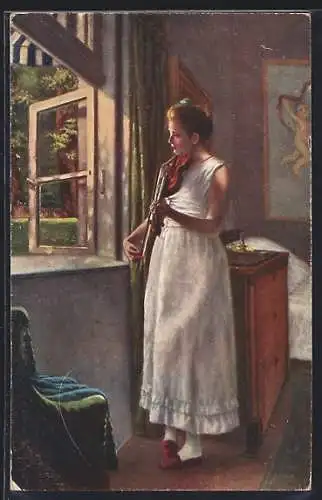 Künstler-AK sign. R. de Witt: Geigerin spielt ein Morgenlied